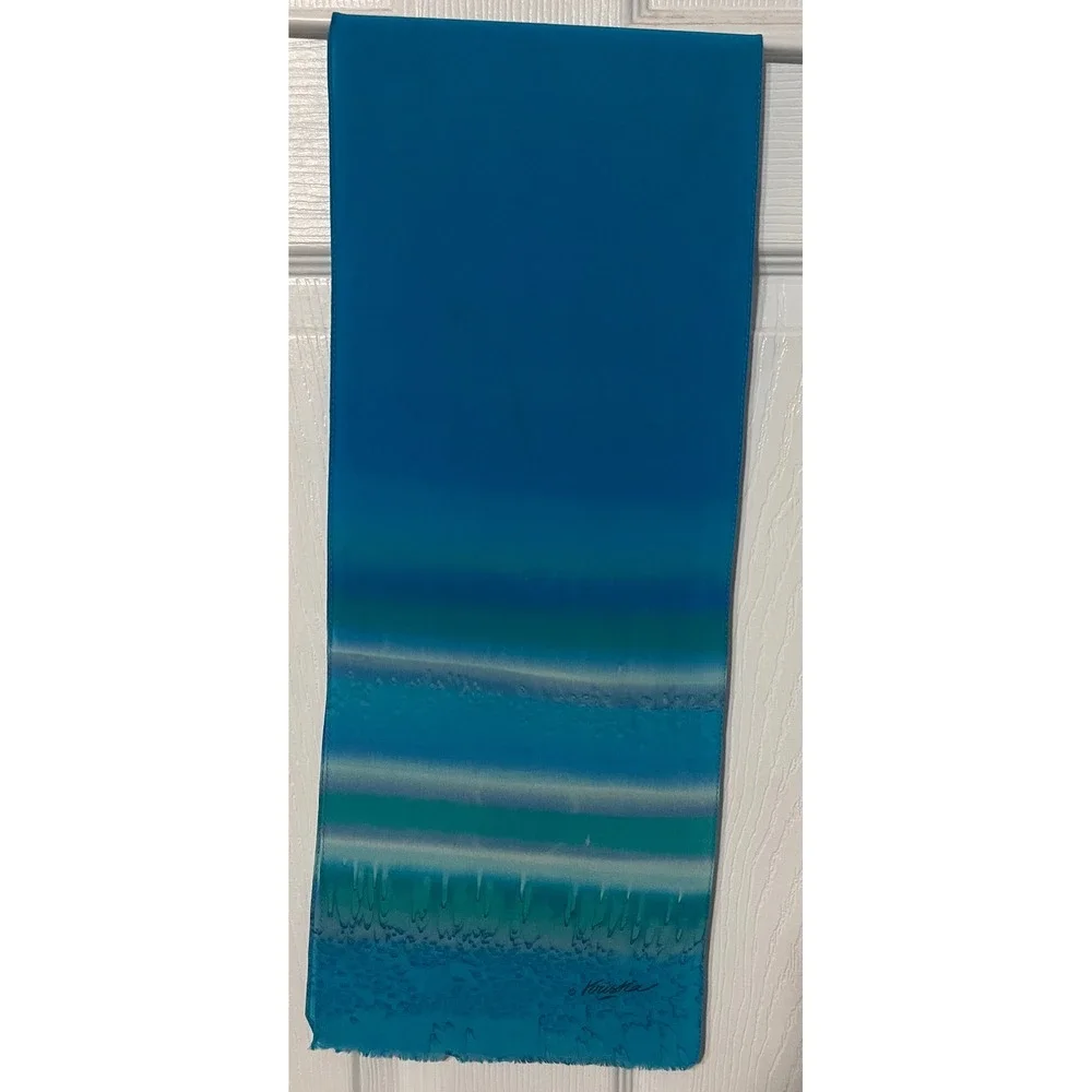 Krisna Hand Painted Blue Turquoise Teal Abstract Fringe Silk Scarf Artwear 8x42